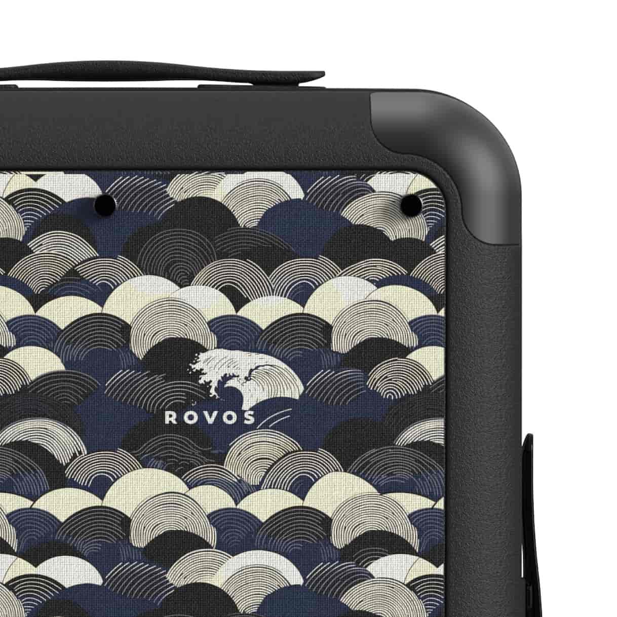 Designer luggage with wave pattern and Rovos branding on a white background