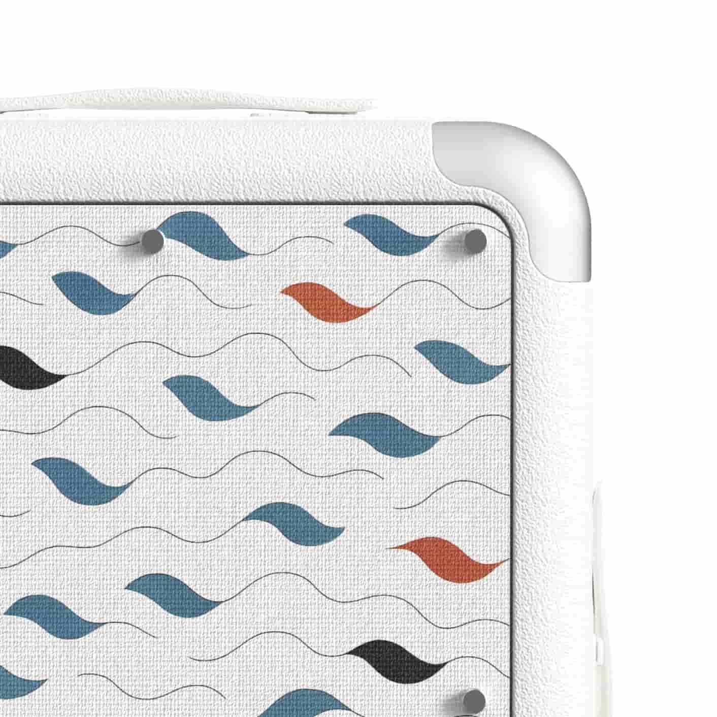 Designer luggage with a pattern of wavy lines in various colors on a white background