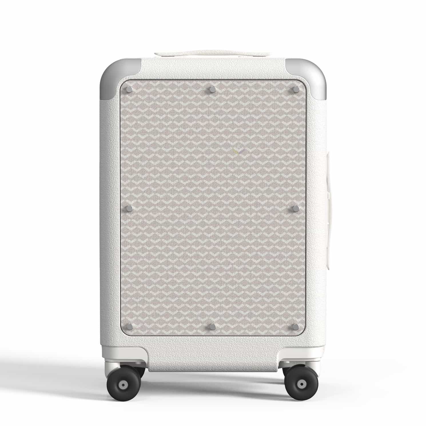 White designer carry-on luggage with interchangeable canvas panel featuring light grey geometric diamond pattern