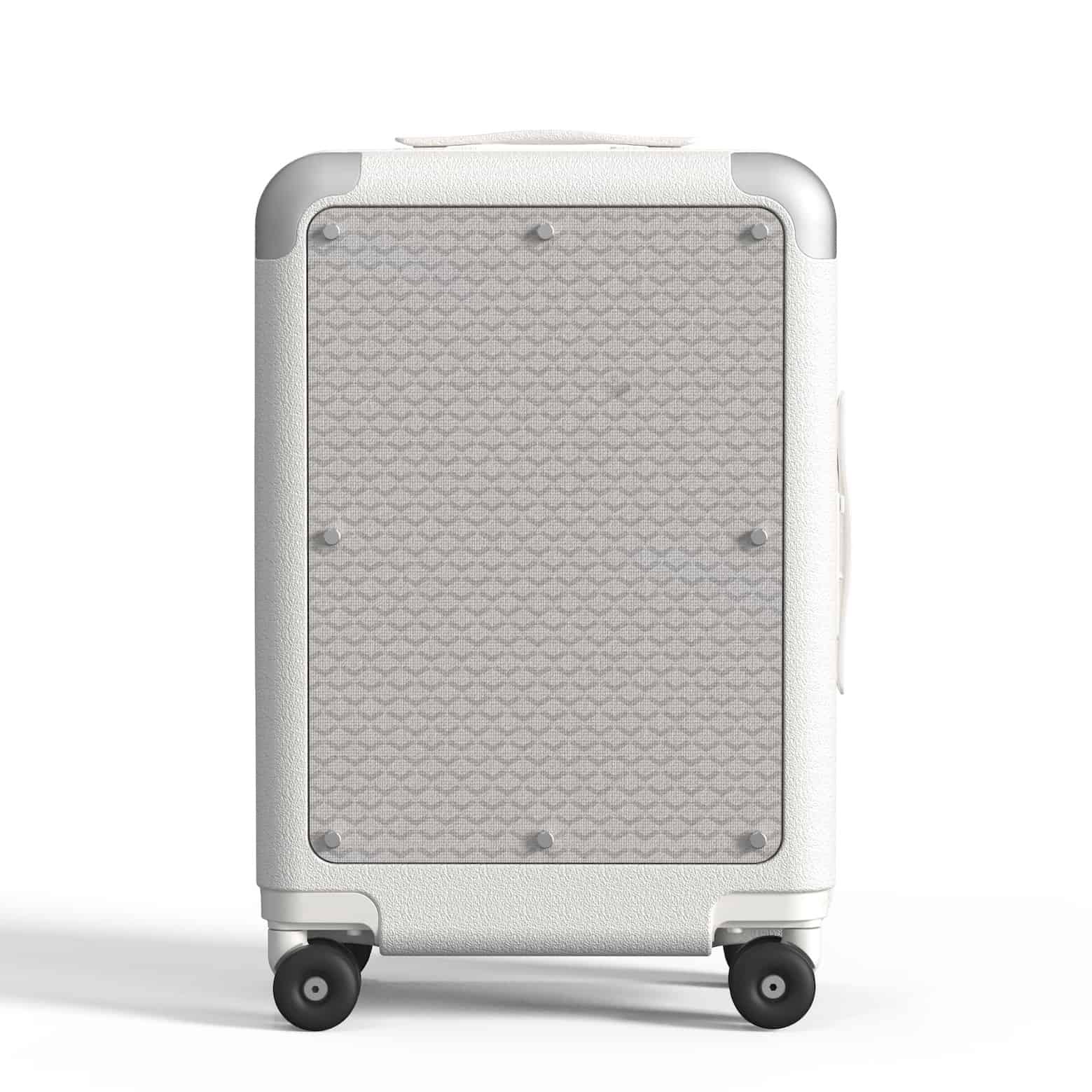White designer carry-on luggage featuring a subtle textured canvas panel with geometric diamond pattern