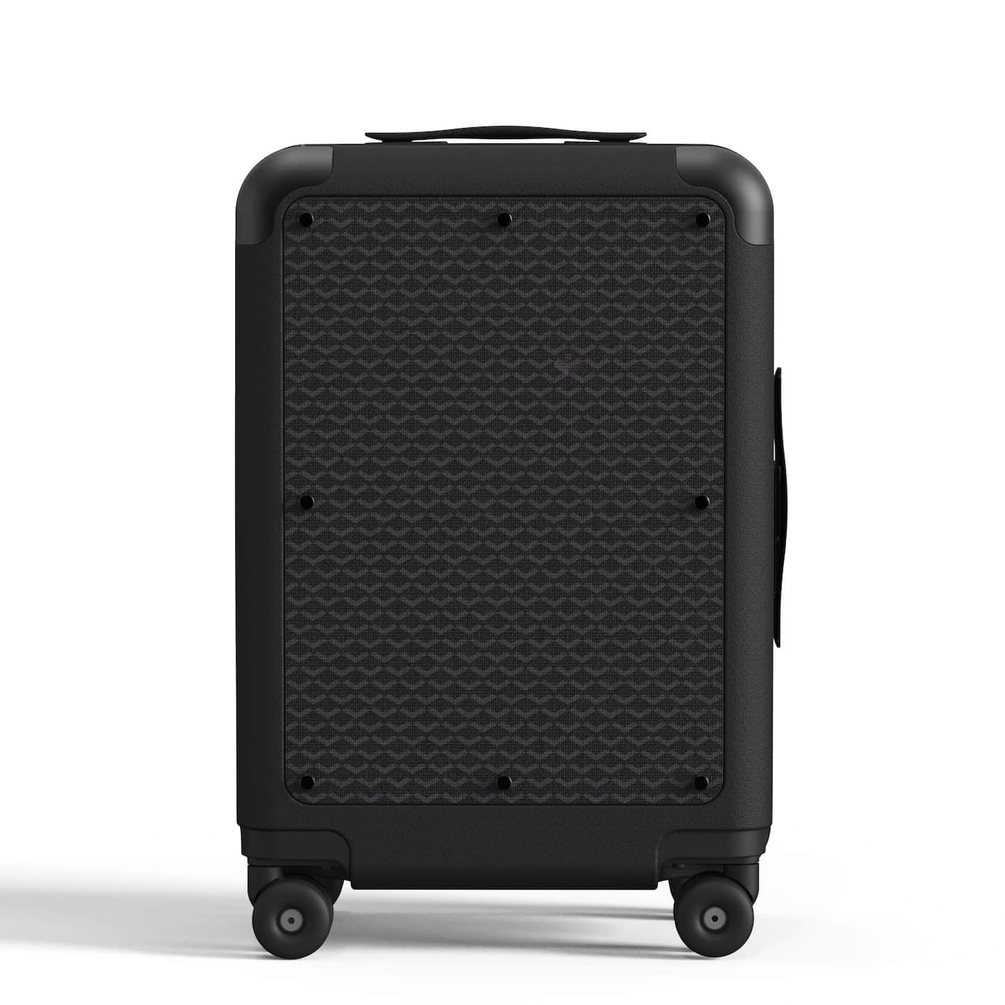 Black designer carry-on luggage with interchangeable canvas panel featuring dark geometric diamond texture
