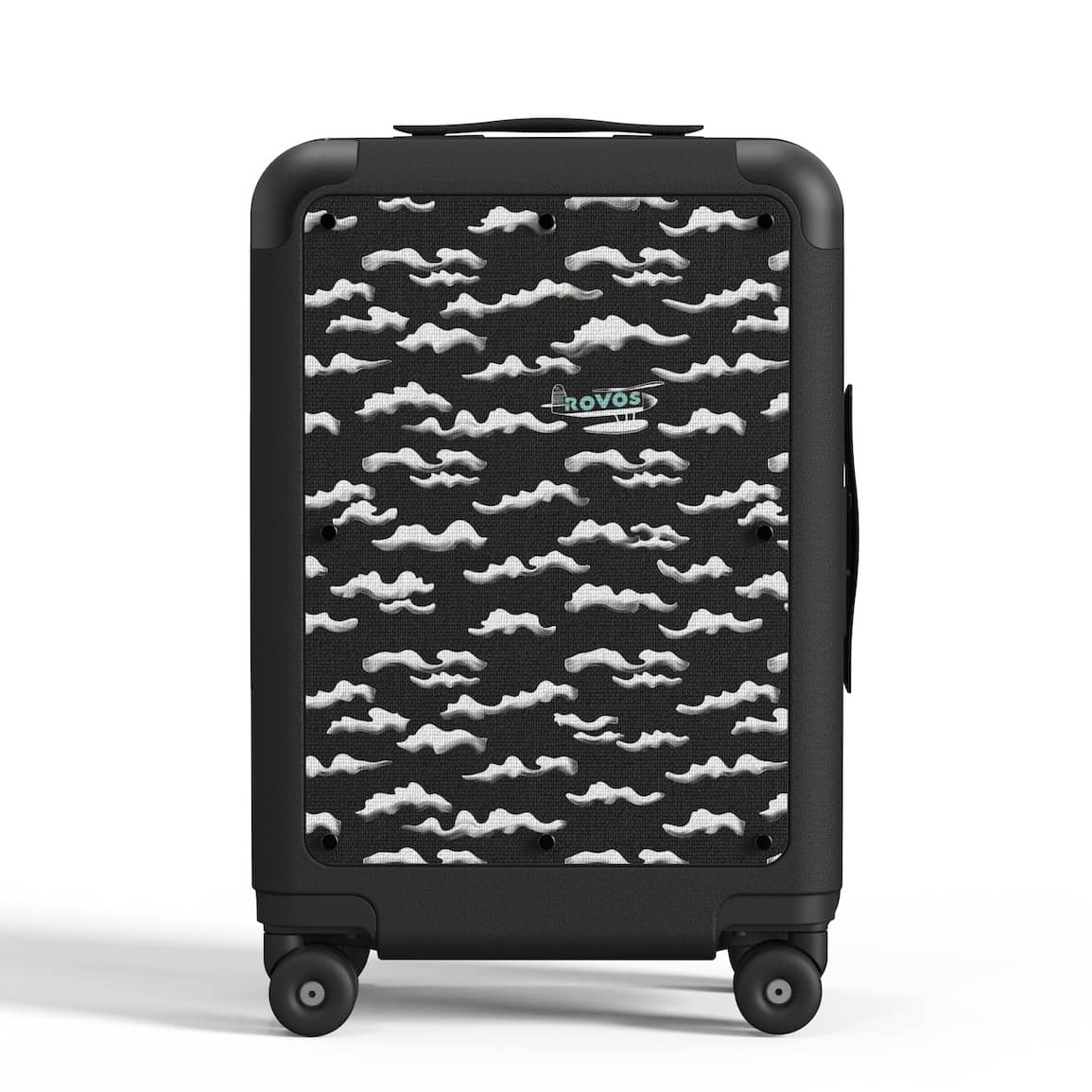 Black designer carry-on luggage featuring Midnight Skyway canvas panel with artistic cloud pattern