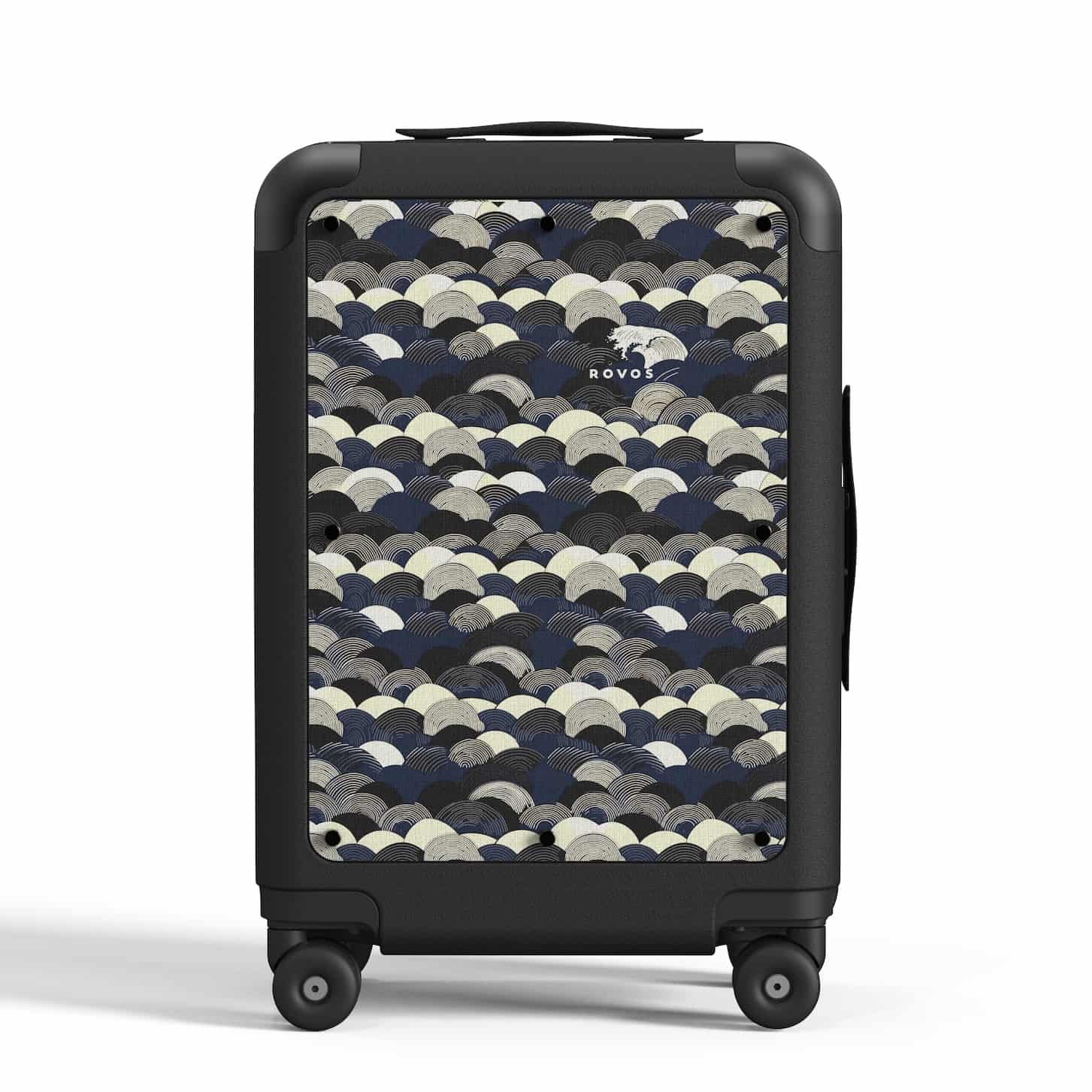 Black designer carry-on luggage featuring Seigaiha Wave canvas panel with traditional Japanese wave pattern