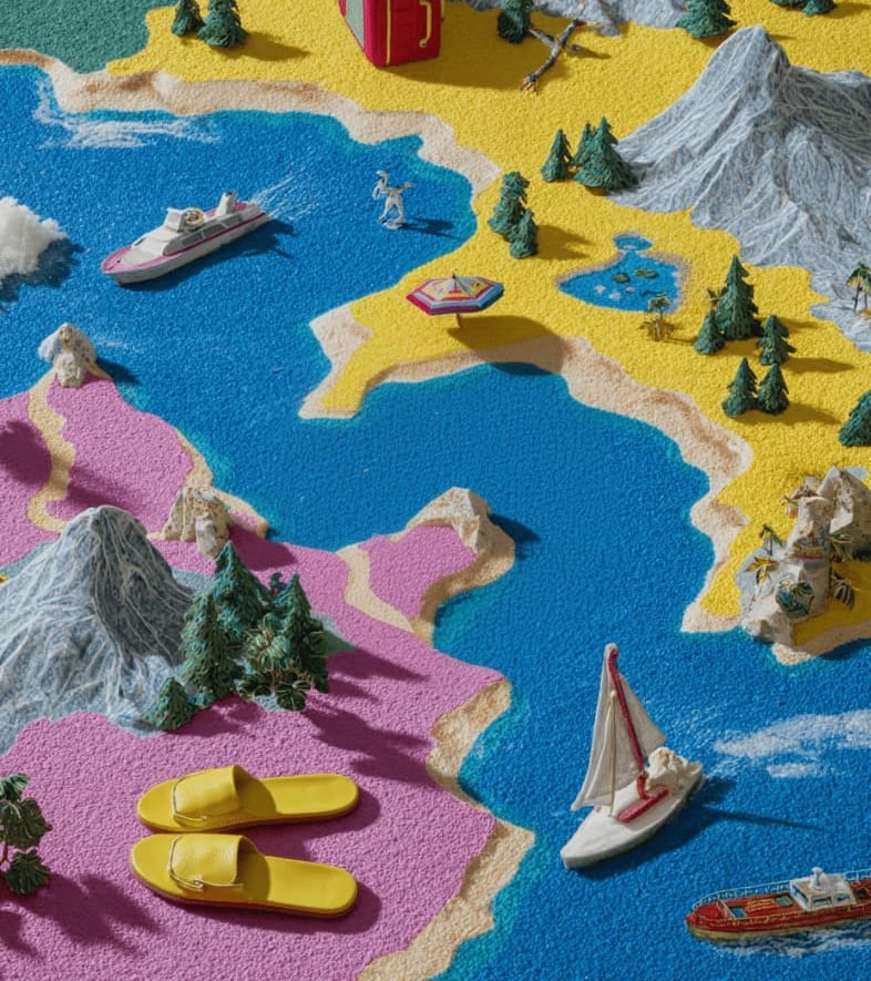 Playful miniature travel scene with toy boats, mountains, trees, and a red designer carry-on luggage on a colorful map
