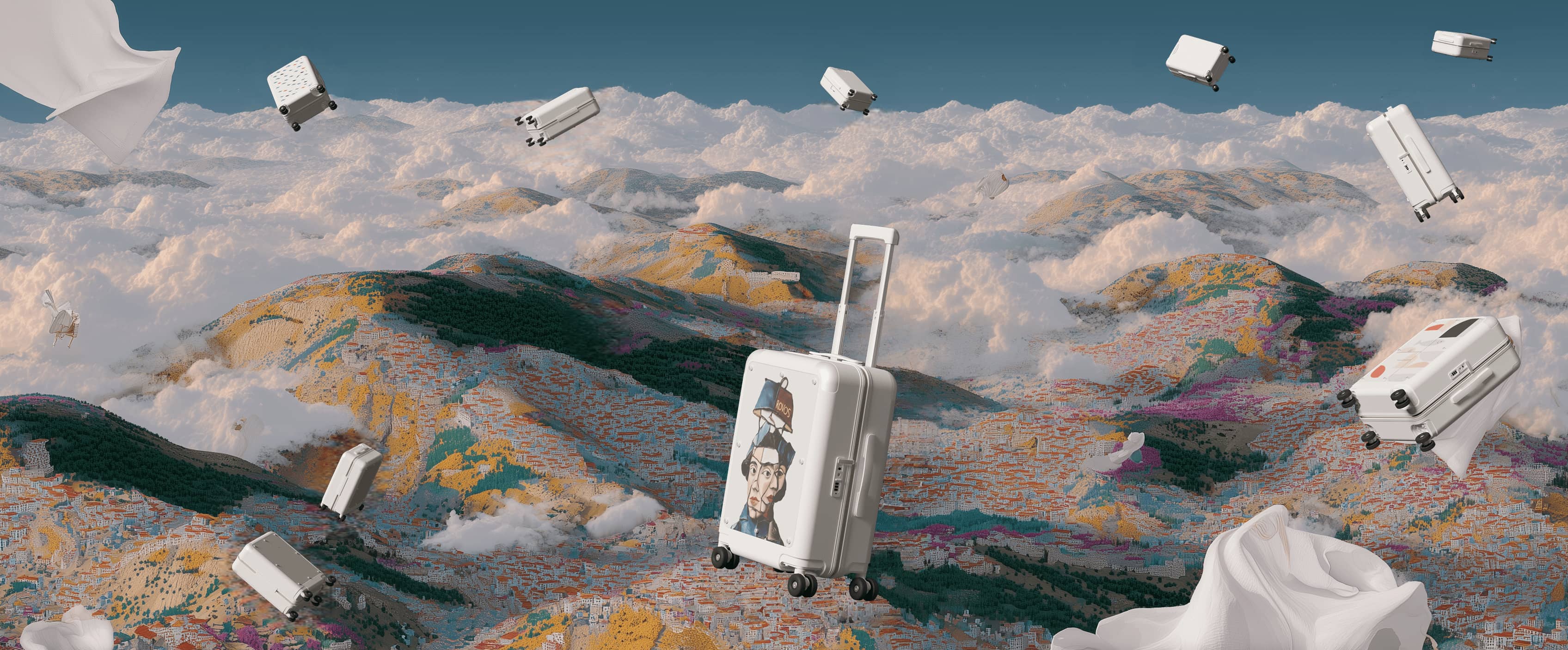 Surreal artistic scene of designer carry-on luggage with unique printed panels floating above clouds and colorful hills