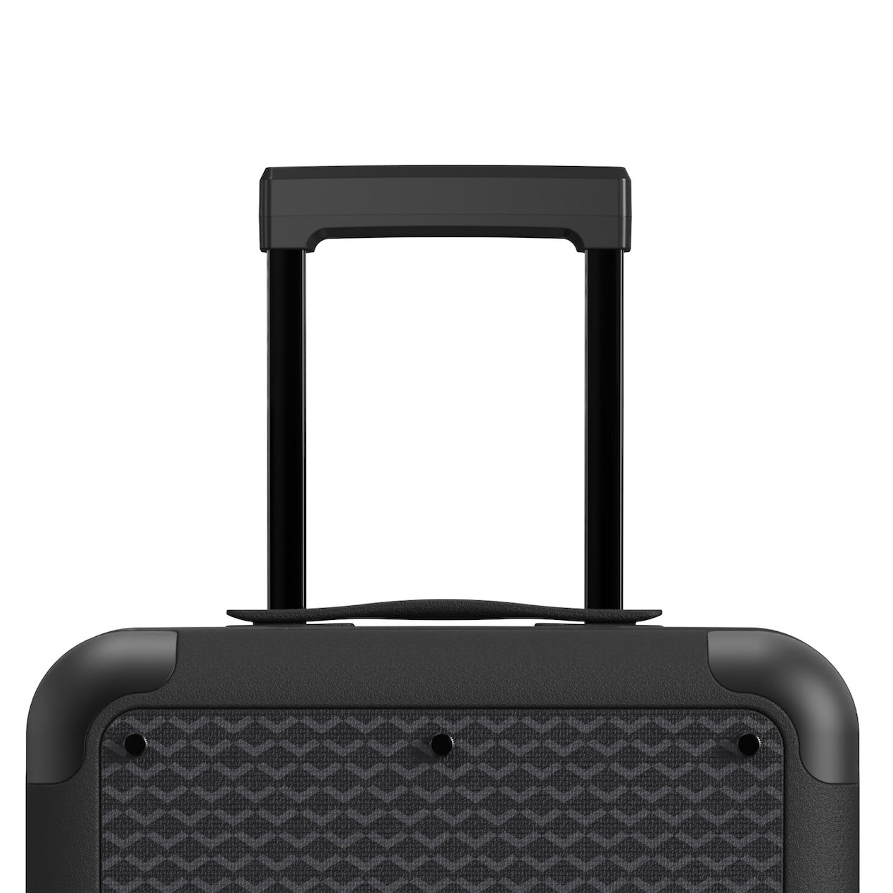 Black designer carry-on luggage with adjustable Infinity Handle extended above textured canvas panel
