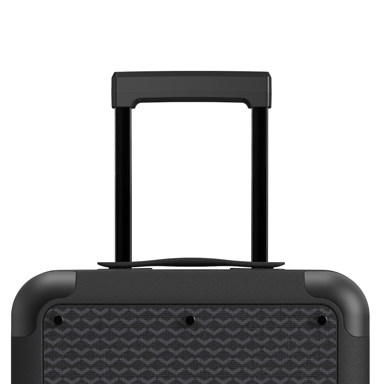 Black designer carry-on luggage with adjustable Infinity Handle extended above textured canvas panel