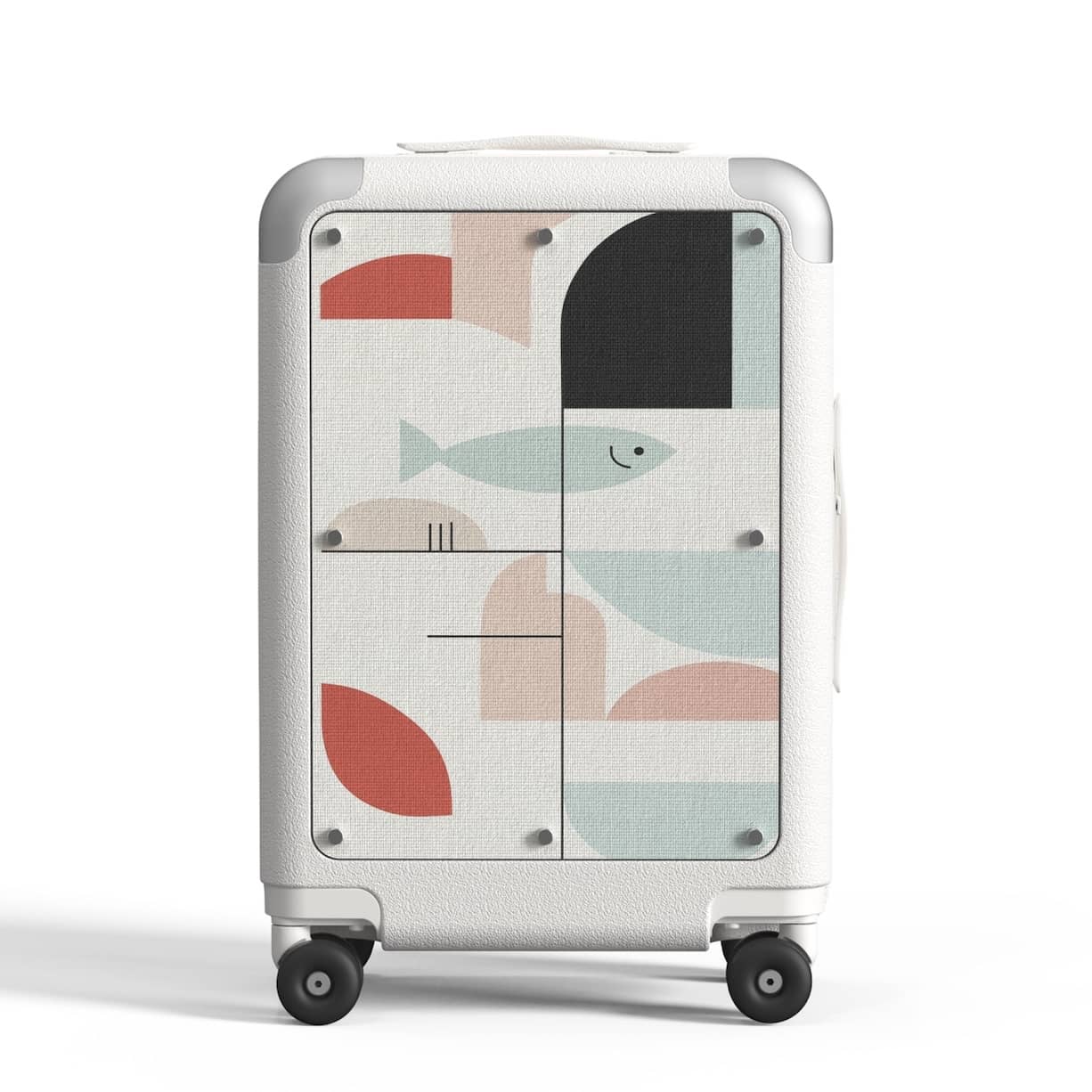 Designer carry-on luggage in white featuring Mediterranean-themed canvas panel with artistic fish and geometric shapes