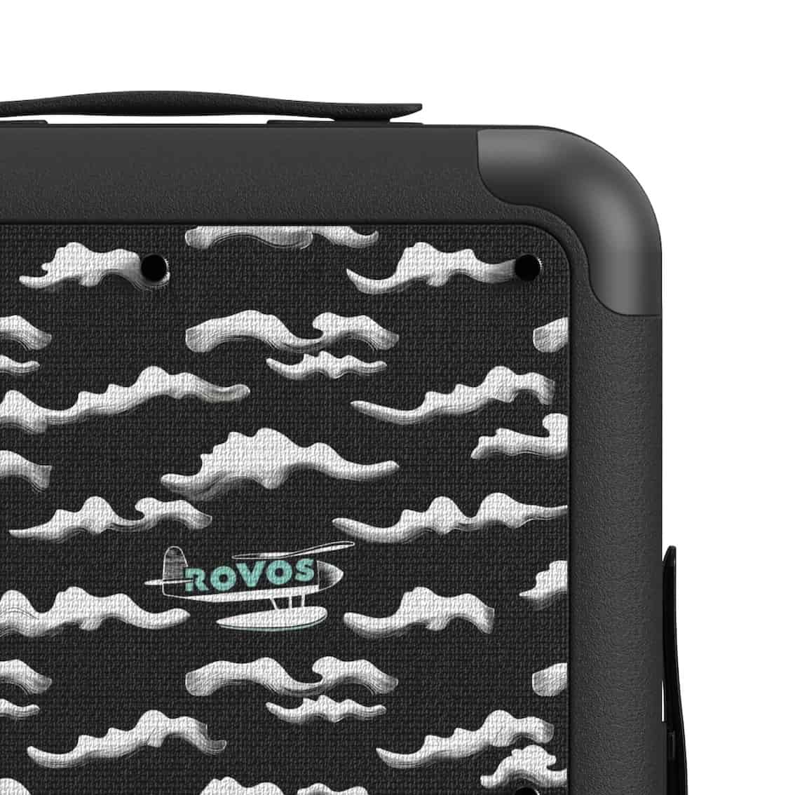 Black luggage with white cloud pattern and 'ROVOS' logo on a white background